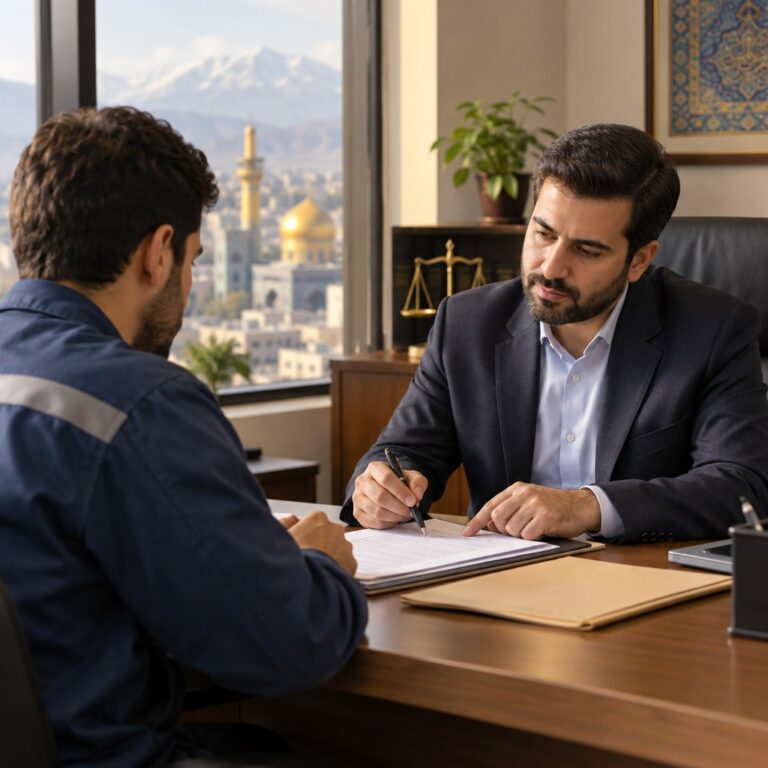 کارگر و مشاور حقوقی در حال بررسی مدارک شکایت از کارفرما در مشهد